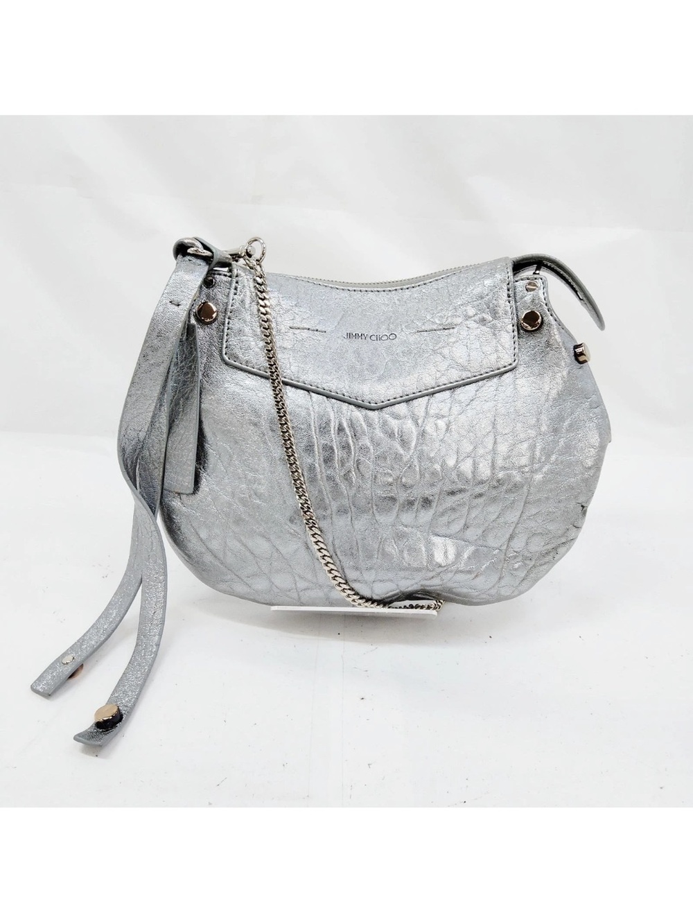Jimmy Choo Artie Silver Croc-Embossed Leather Saddle Bag with Chain Strap